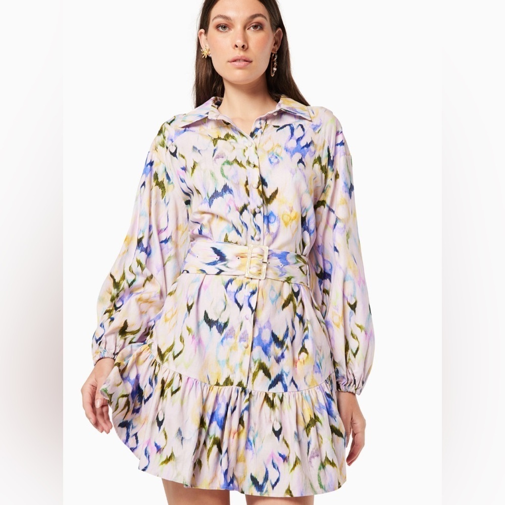 Elliatt Skylan Pink Linen Long Sleeve Button Down Mini Dress With Belt - Picture 4 of 11